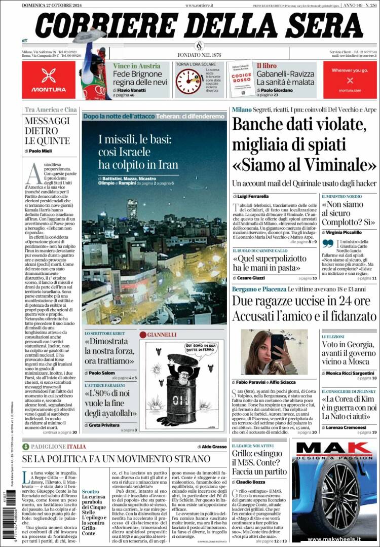 Portada de Corriere della Sera (Italia)