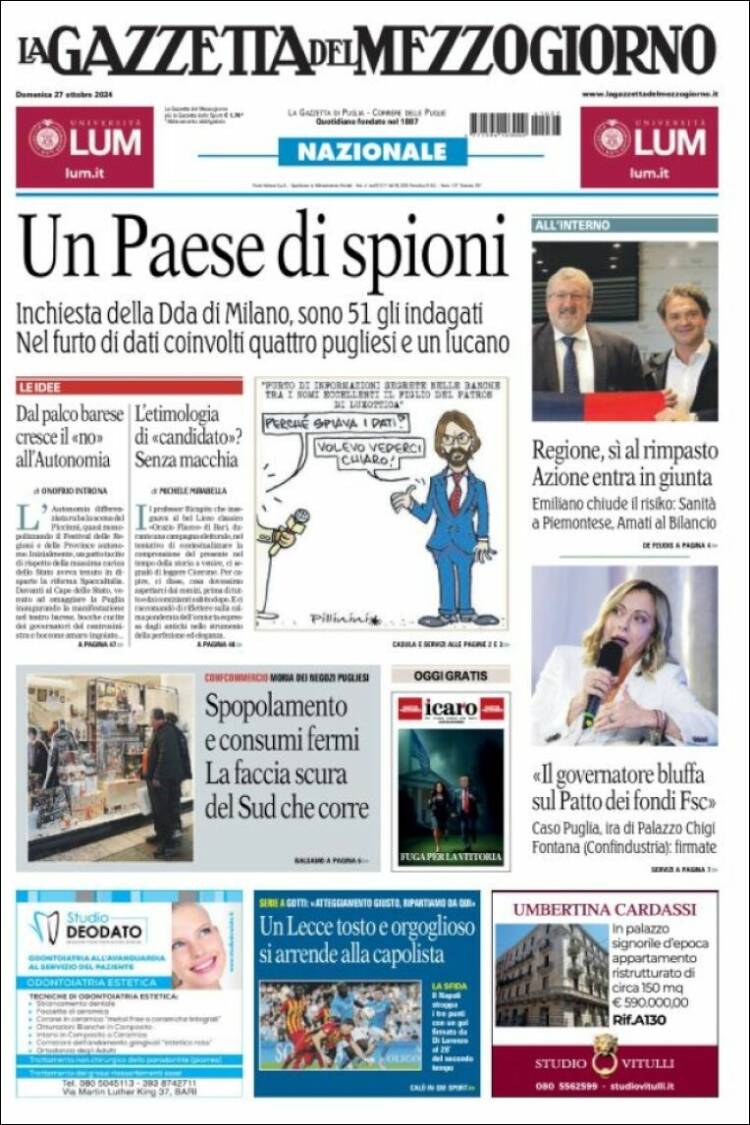 Portada de La Gazzetta del Mezzogiorno (Italia)