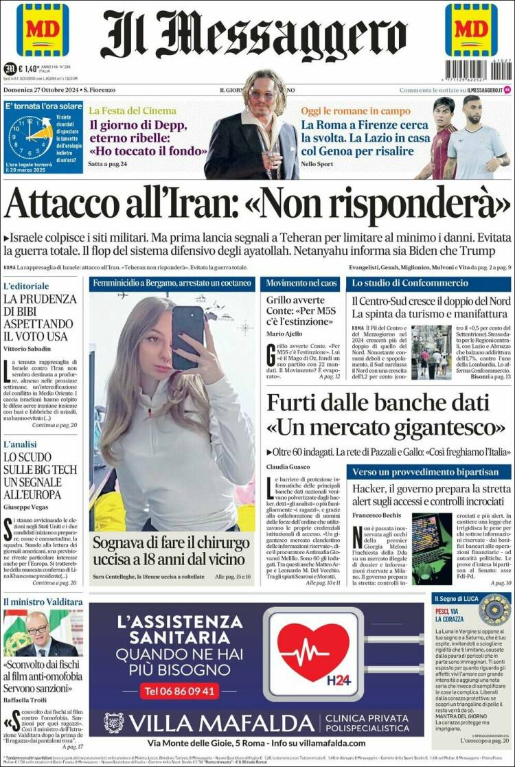 Portada de Il Messaggero (Italia)