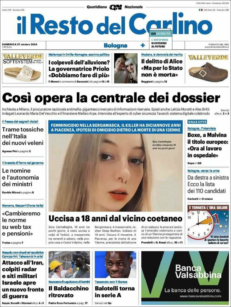 Portada de Il Resto del Carlino (Italia)