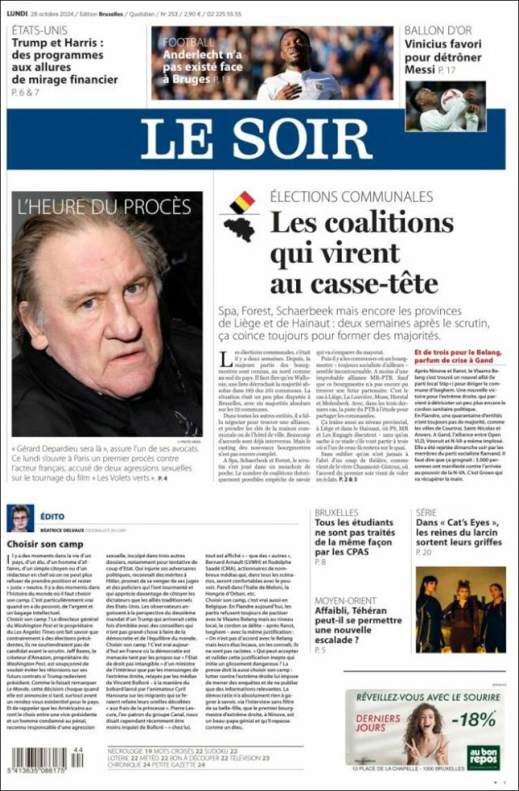 Portada de Le Soir (B&eacute;lgica)
