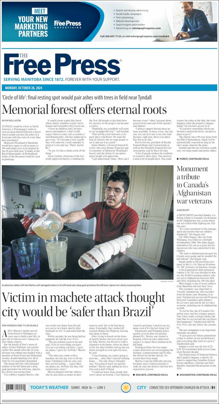 Portada de Winnipeg Free Press (Canadá)
