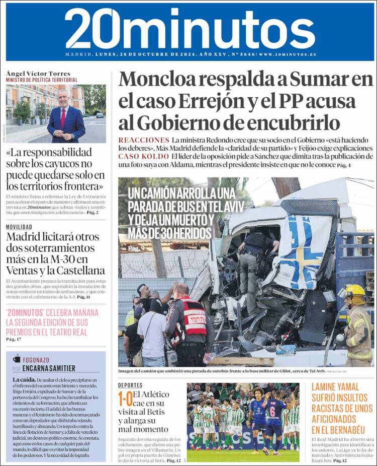 Portada de 20 Minutos - Madrid (España)