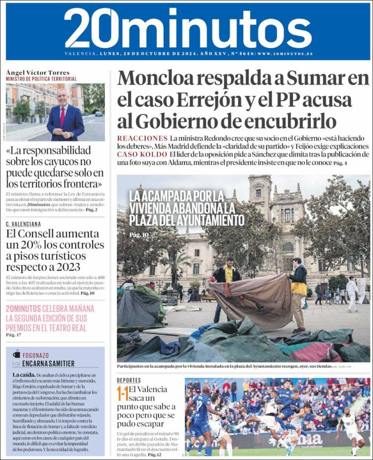Portada de 20 Minutos - Valencia (España)
