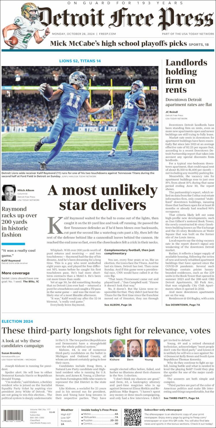 Portada de Detroit Free Press (USA)