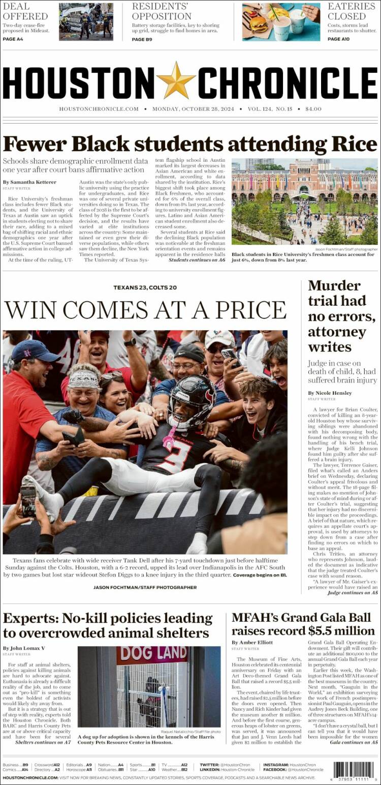 Portada de Houston Chronicle (USA)
