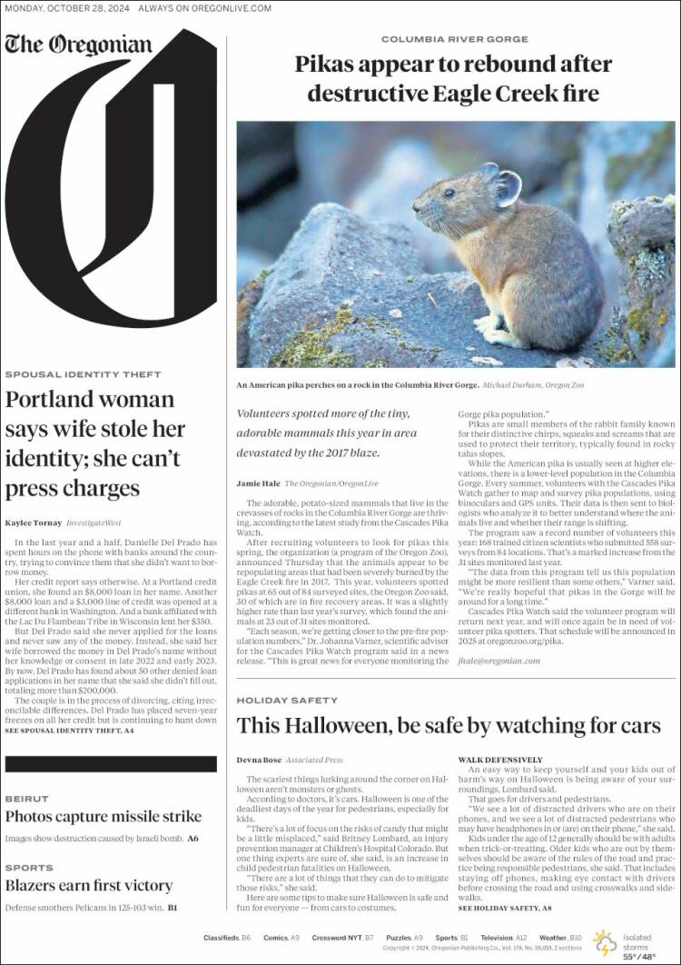 Portada de The Oregonian (USA)