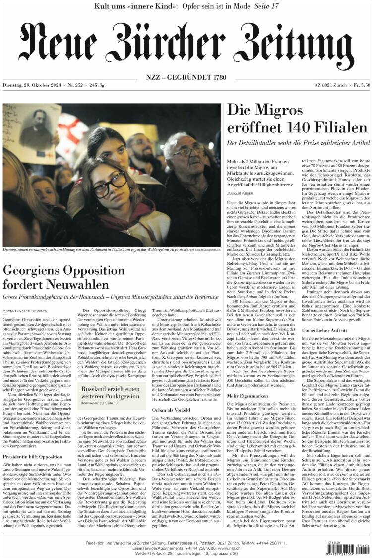 Portada de Neue Zürcher Zeitung (Suiza)