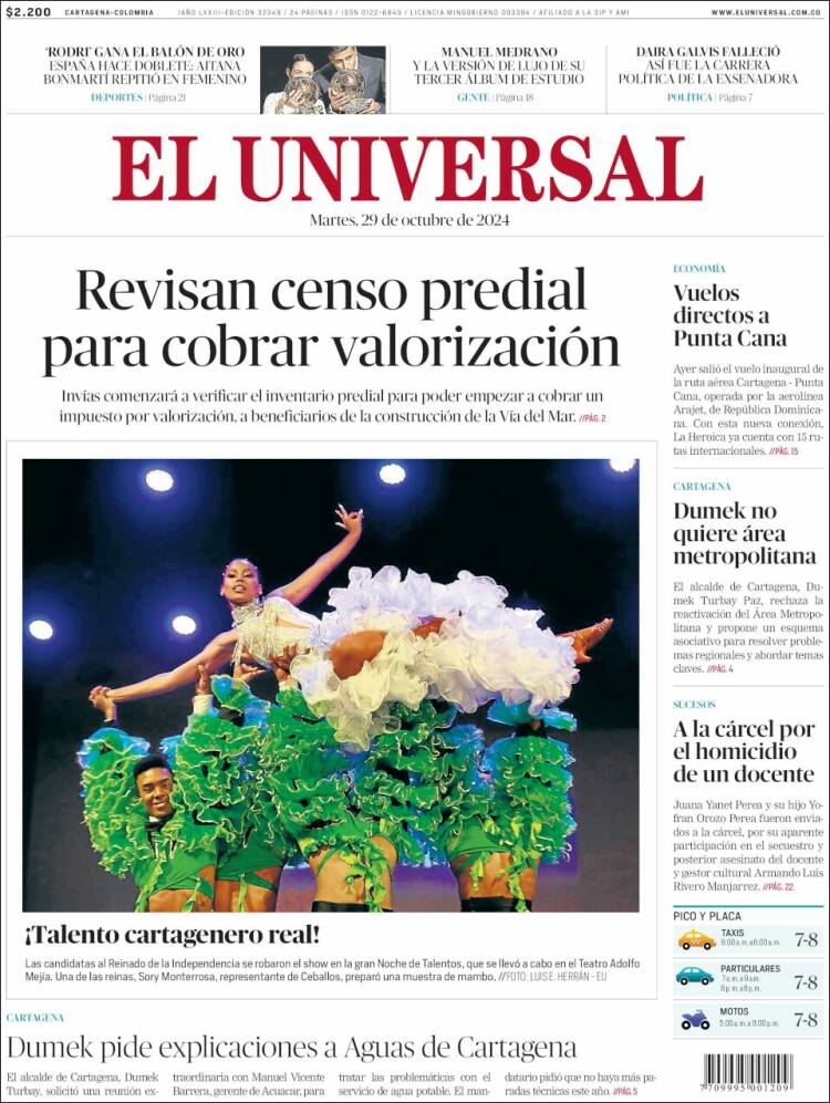 Portada de El Universal (Colombia)