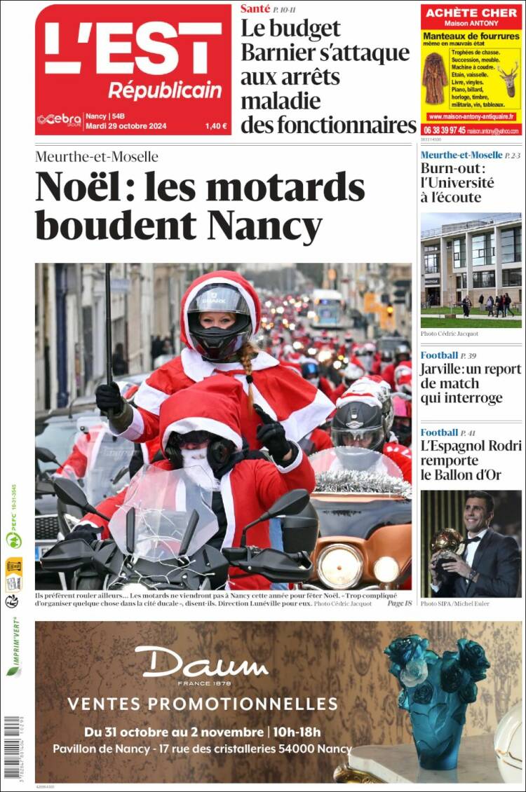 Portada de L'Est Republicain (Francia)