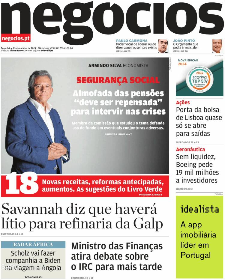 Portada de Jornal de Negócios (Portugal)