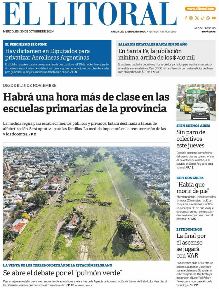 Portada de Diario El Litoral (Argentina)