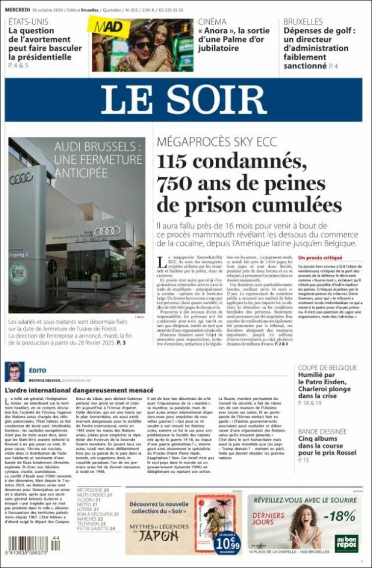 Portada de Le Soir (B&eacute;lgica)