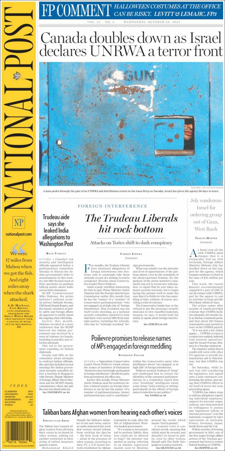 Portada de The National Post (Canadá)