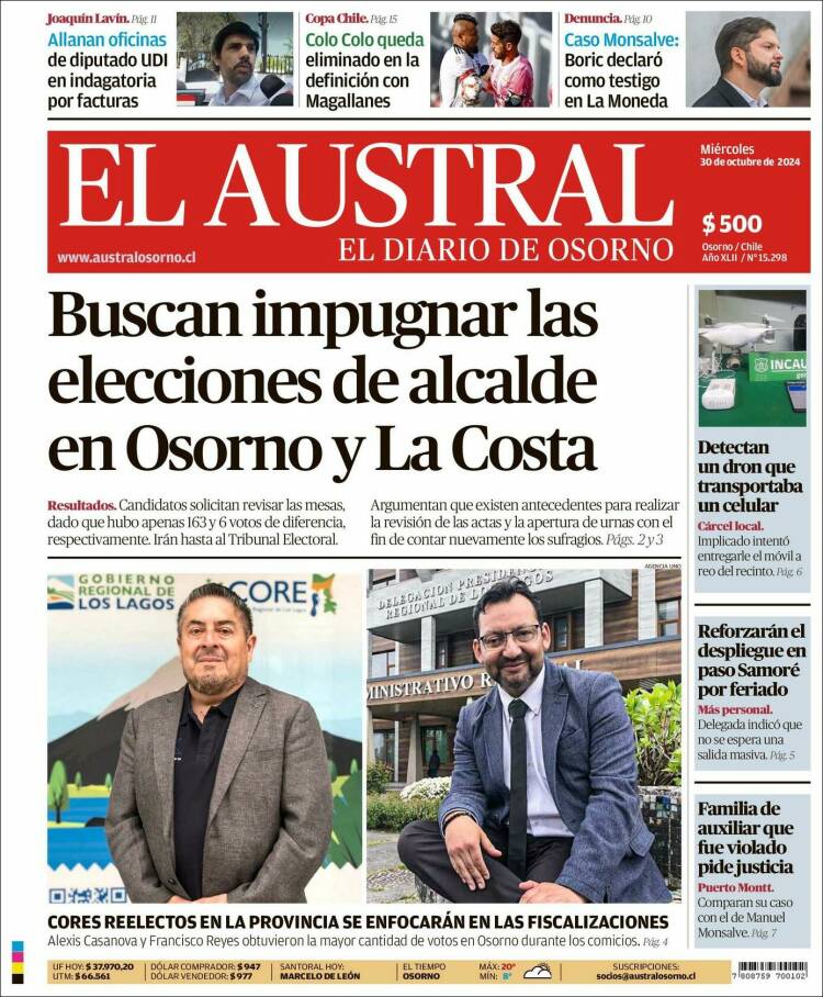 Portada de El Austral de Osorno (Chile)