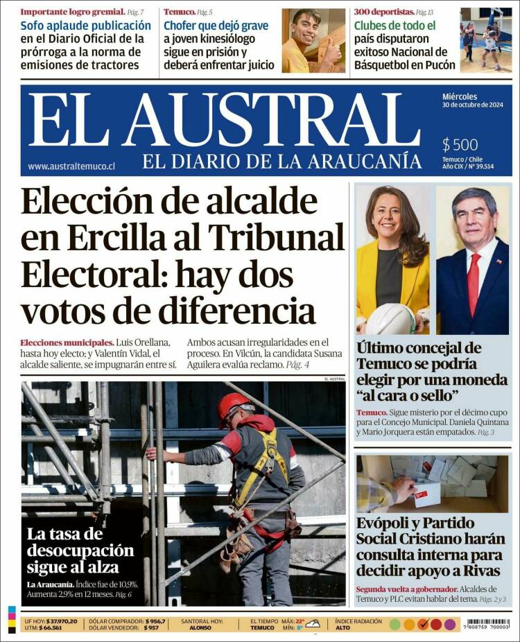 Portada de El Austral de Temuco (Chile)