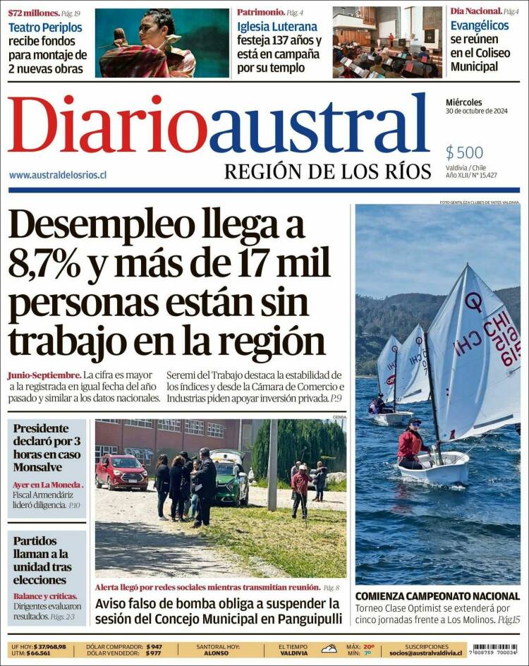 Portada de El Diario Austral de Valdivia (Chile)