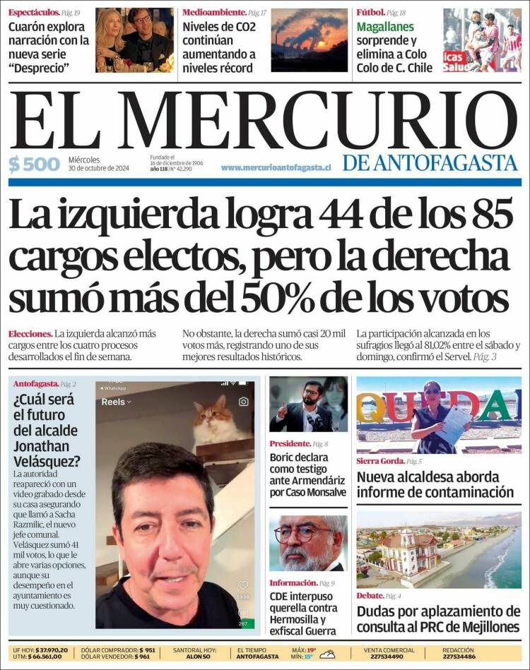 Portada de El Mercurio de Antofagasta (Chile)