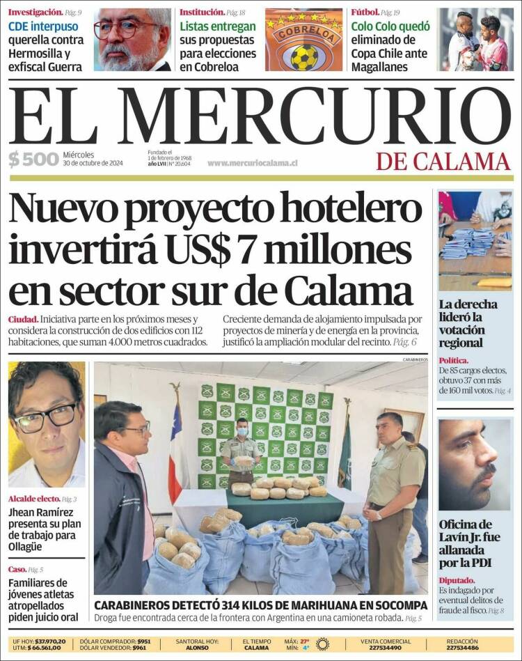 Portada de El Mercurio - Calama (Chile)