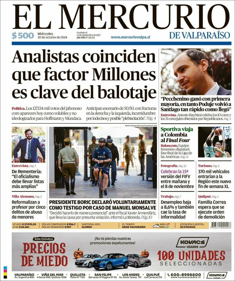 Portada de Mercurio de Valparaiso (Chile)