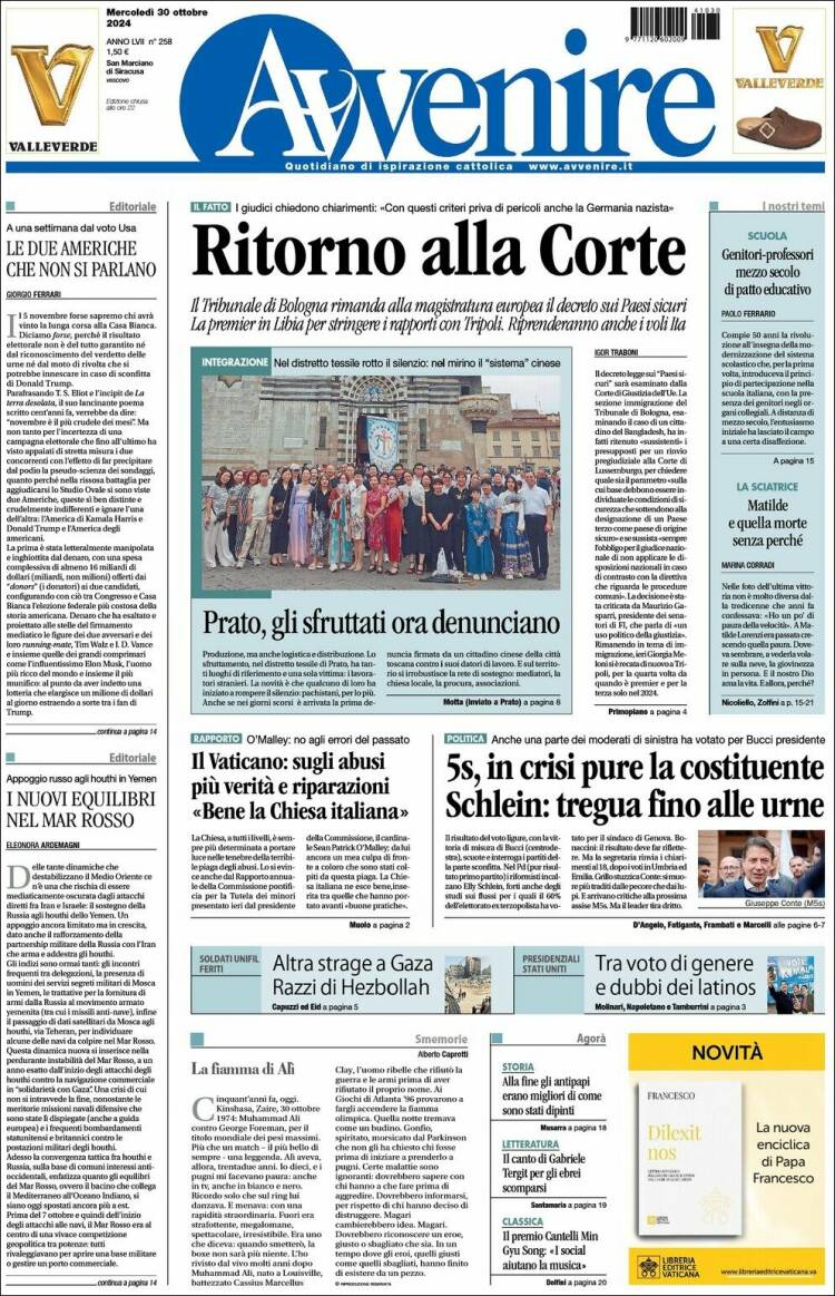 Portada de Avvenire (Italia)