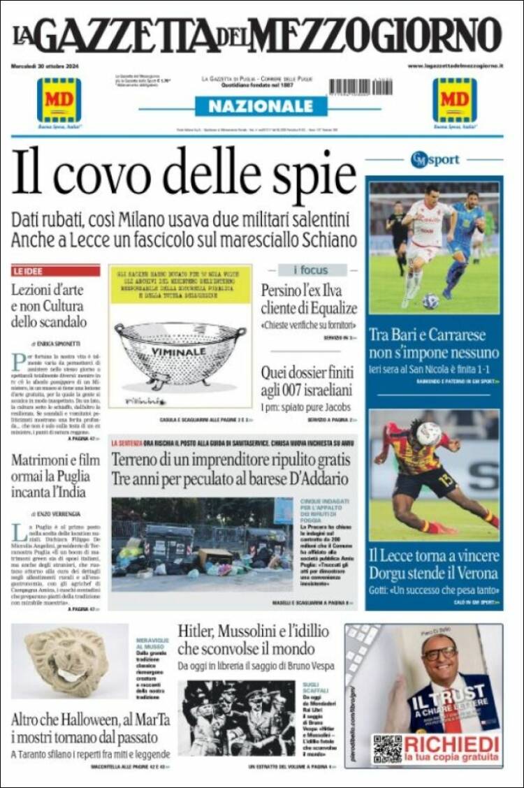 Portada de La Gazzetta del Mezzogiorno (Italia)