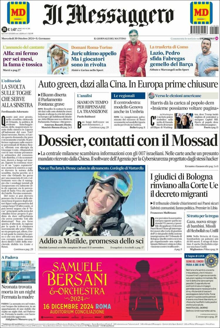 Portada de Il Messaggero (Italia)