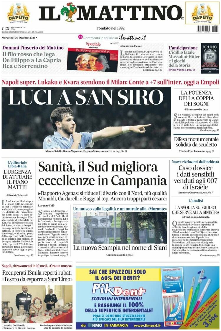 Portada de Il Mattino (Italia)