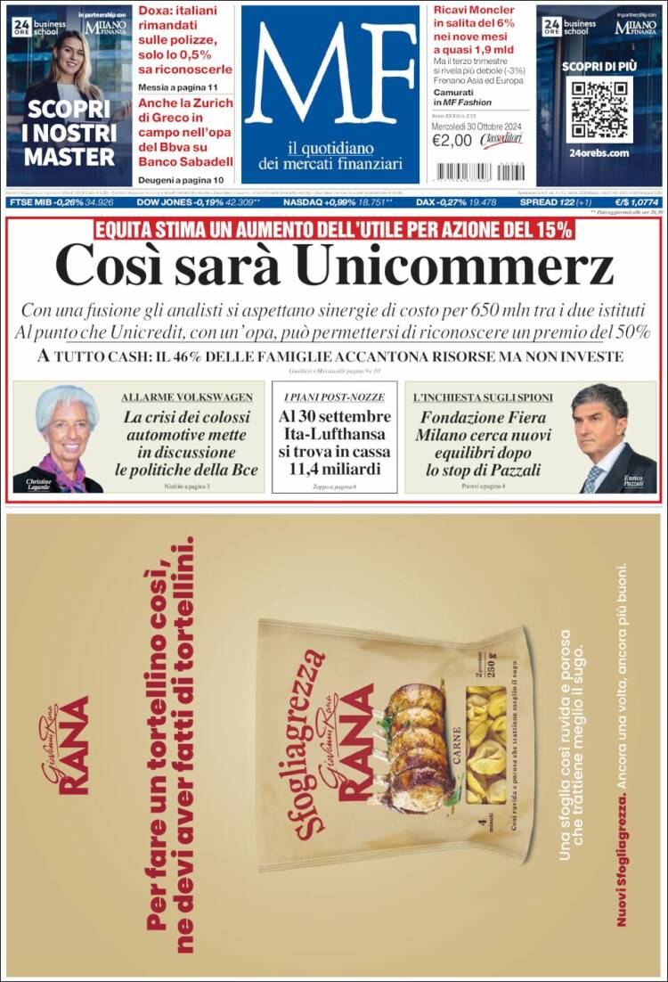 Portada de Milano Finanza (Italia)