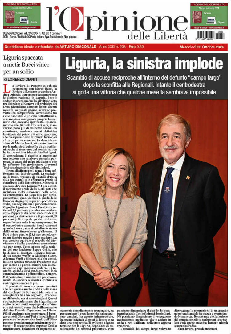 Portada de L'Opinione  delle Libertà (Italia)