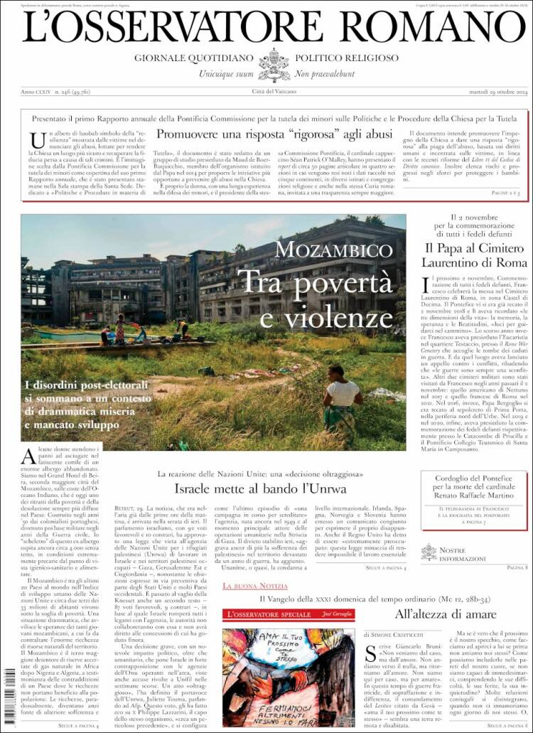 Portada de L'Osservatore Romano (Italia)