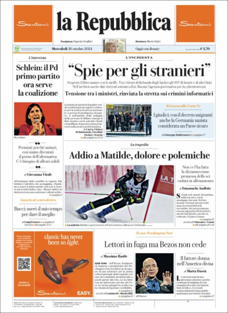 Portada de La Repubblica (Italia)