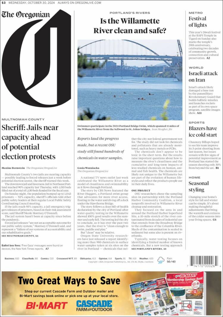 Portada de The Oregonian (USA)