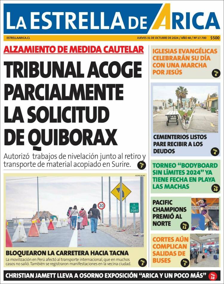 Portada de La Estrella de Arica (Chile)