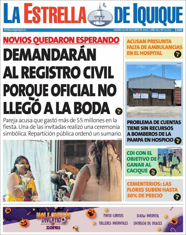 Portada de La Estrella de Iquique (Chile)