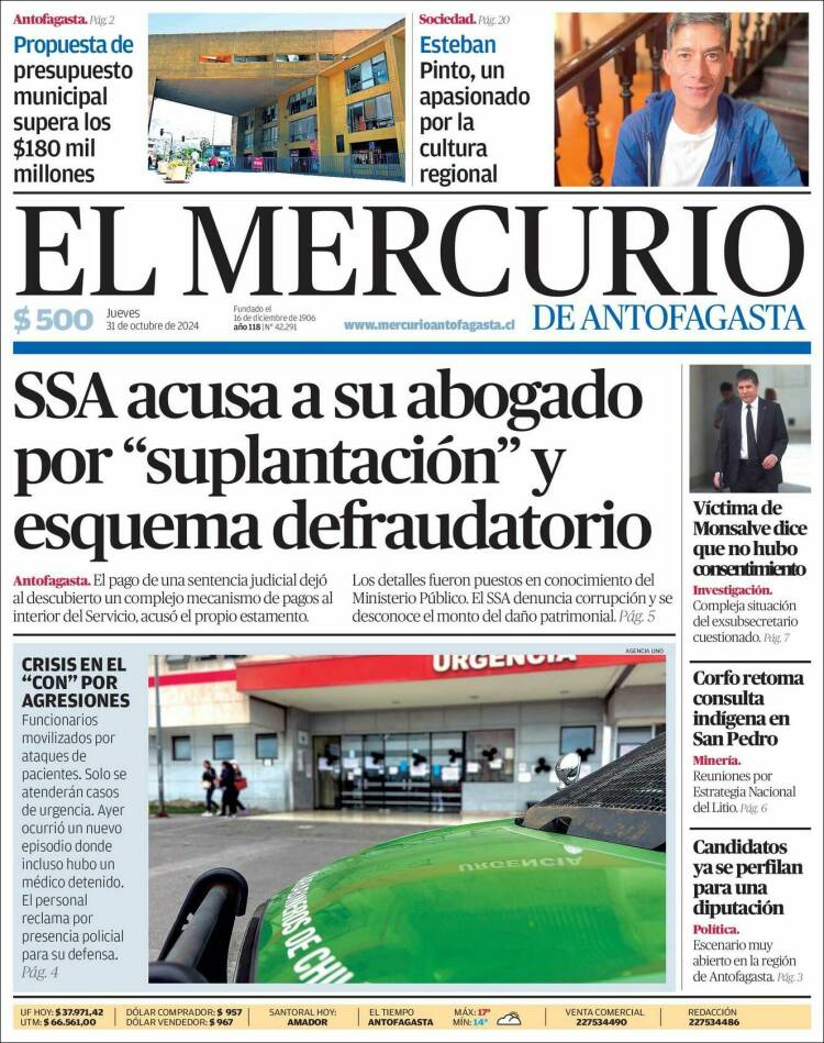 Portada de El Mercurio de Antofagasta (Chile)