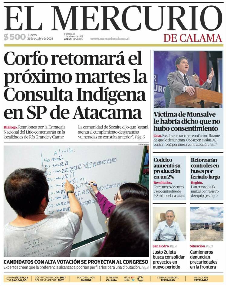 Portada de El Mercurio - Calama (Chile)