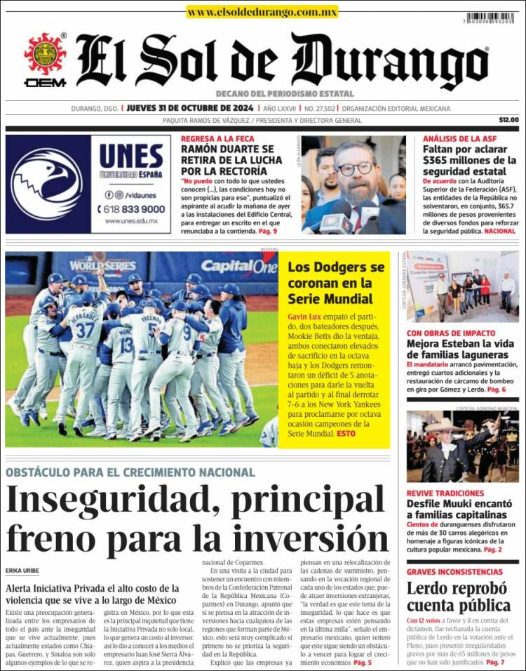 Portada de El Sol de Durango (M&eacute;xico)