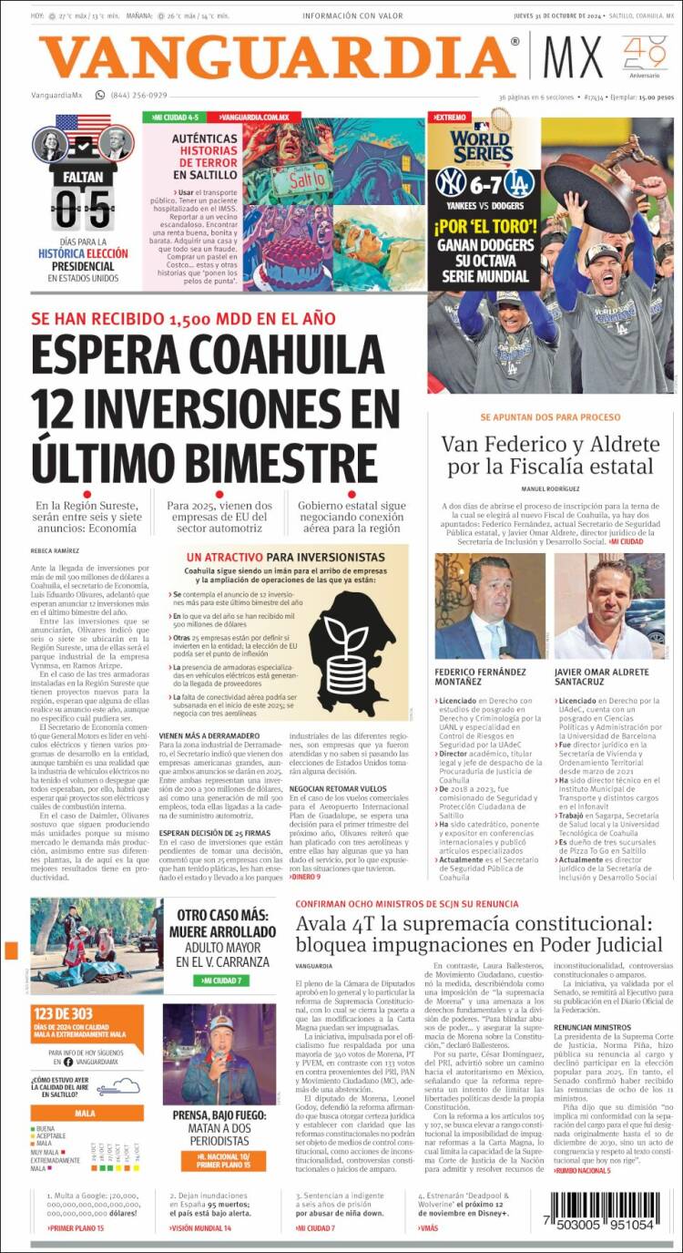 Portada de Vanguardia (M&eacute;xico)