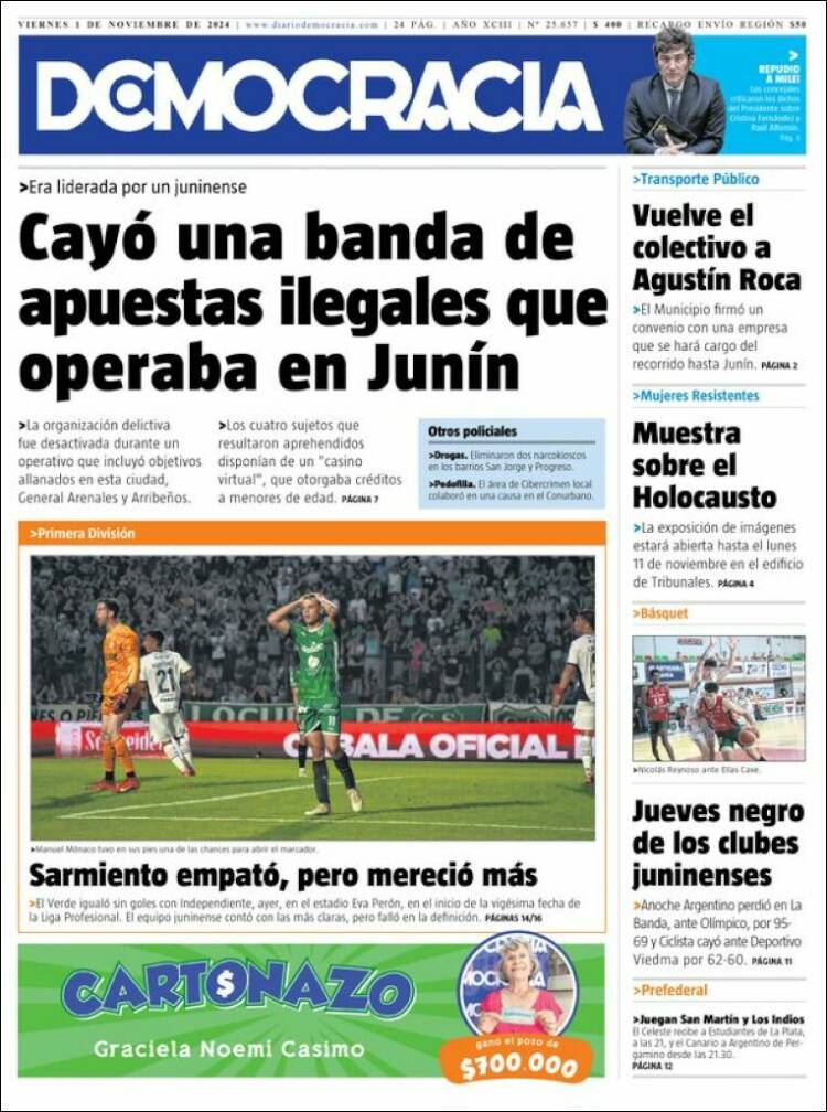 Portada de Diario Democracia (Argentina)