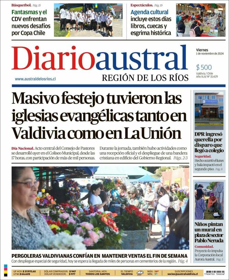 Portada de El Diario Austral de Valdivia (Chile)