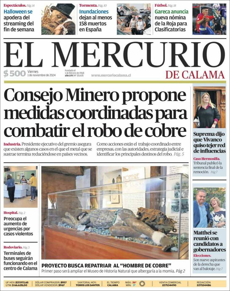 Portada de El Mercurio - Calama (Chile)
