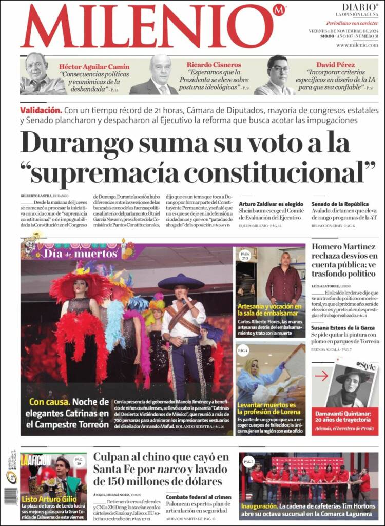 Portada de Milenio - Laguna (México)