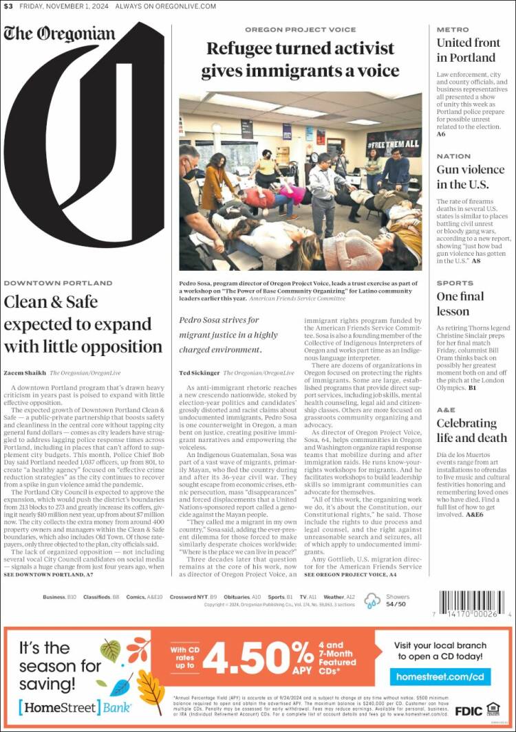 Portada de The Oregonian (USA)