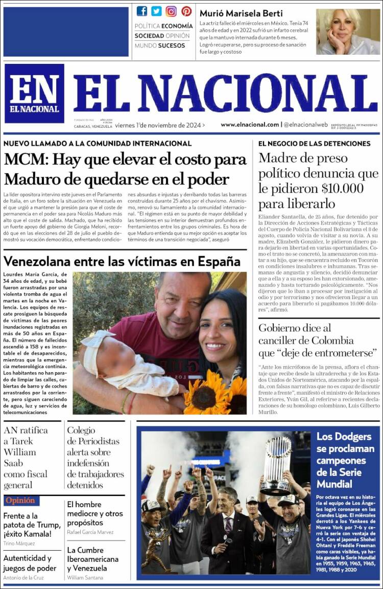 Portada de El Nacional (Venezuela)