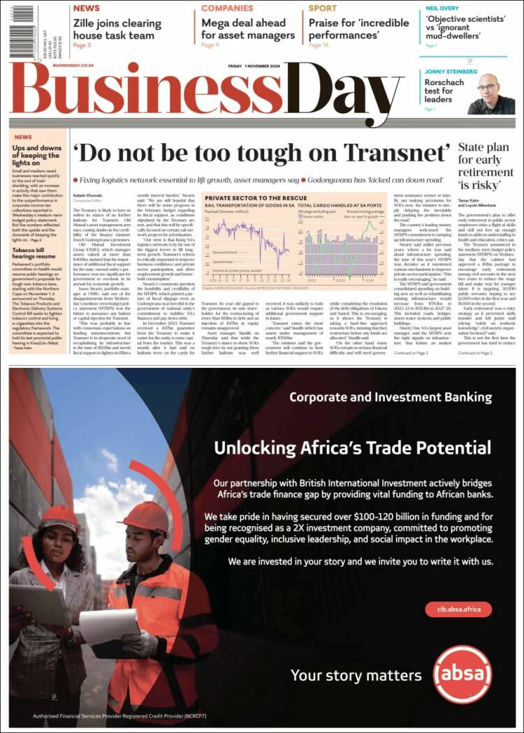 Portada de Business Day (Sud&aacute;frica)