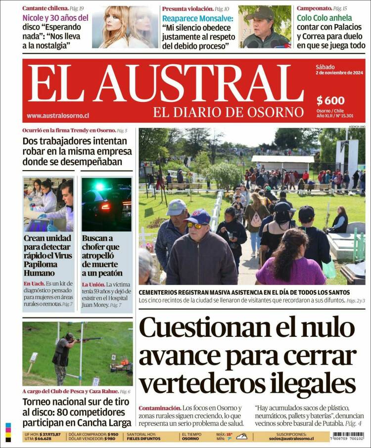 Portada de El Austral de Osorno (Chile)