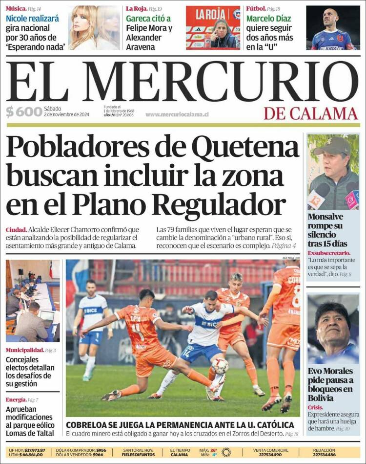 Portada de El Mercurio - Calama (Chile)