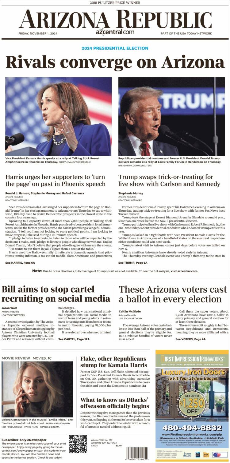 Portada de Arizona Republic News (USA)