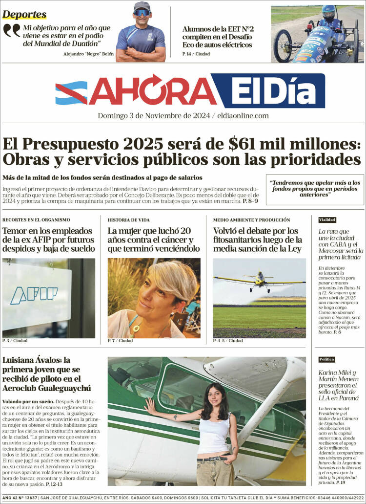 Portada de El Día de Gualeguaychú (Argentina)